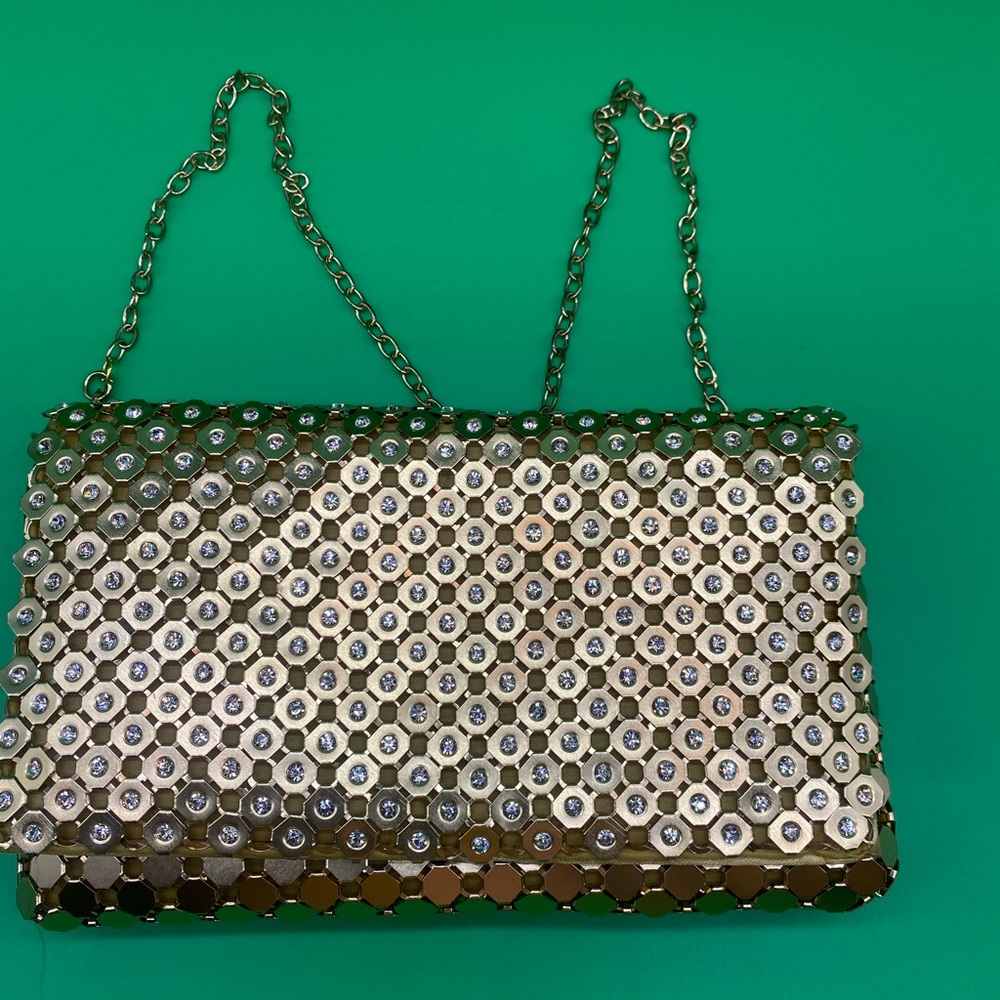 Gold purse + hold cross body strap